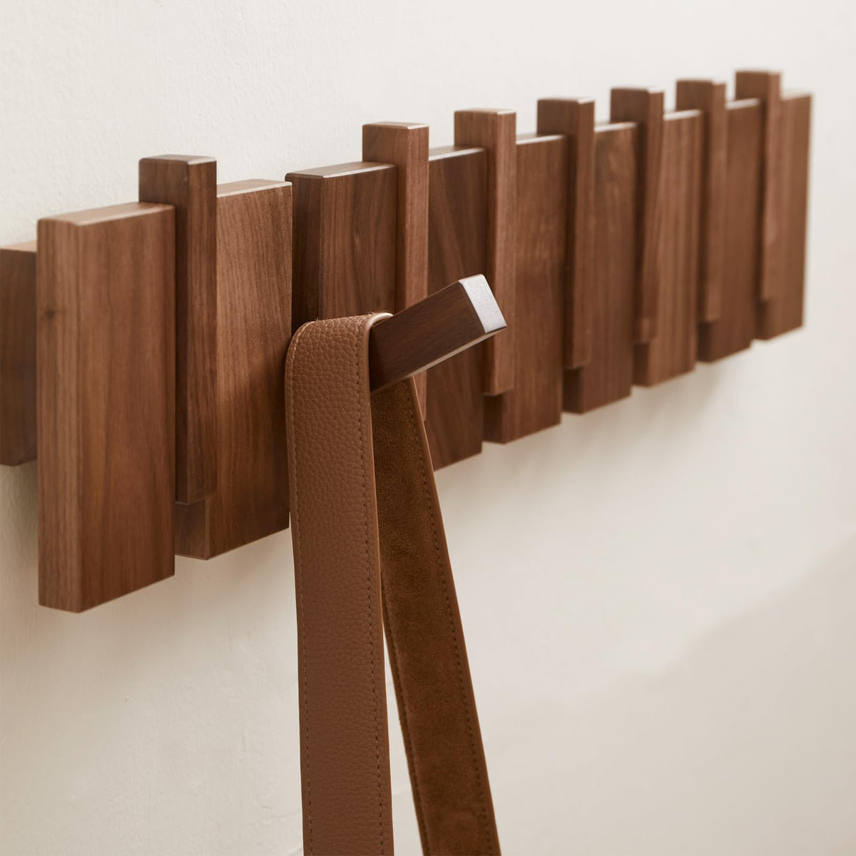 Piano Key Coat Rack, 6 Flip-Down Hooks, Natural Wood Wall Mount