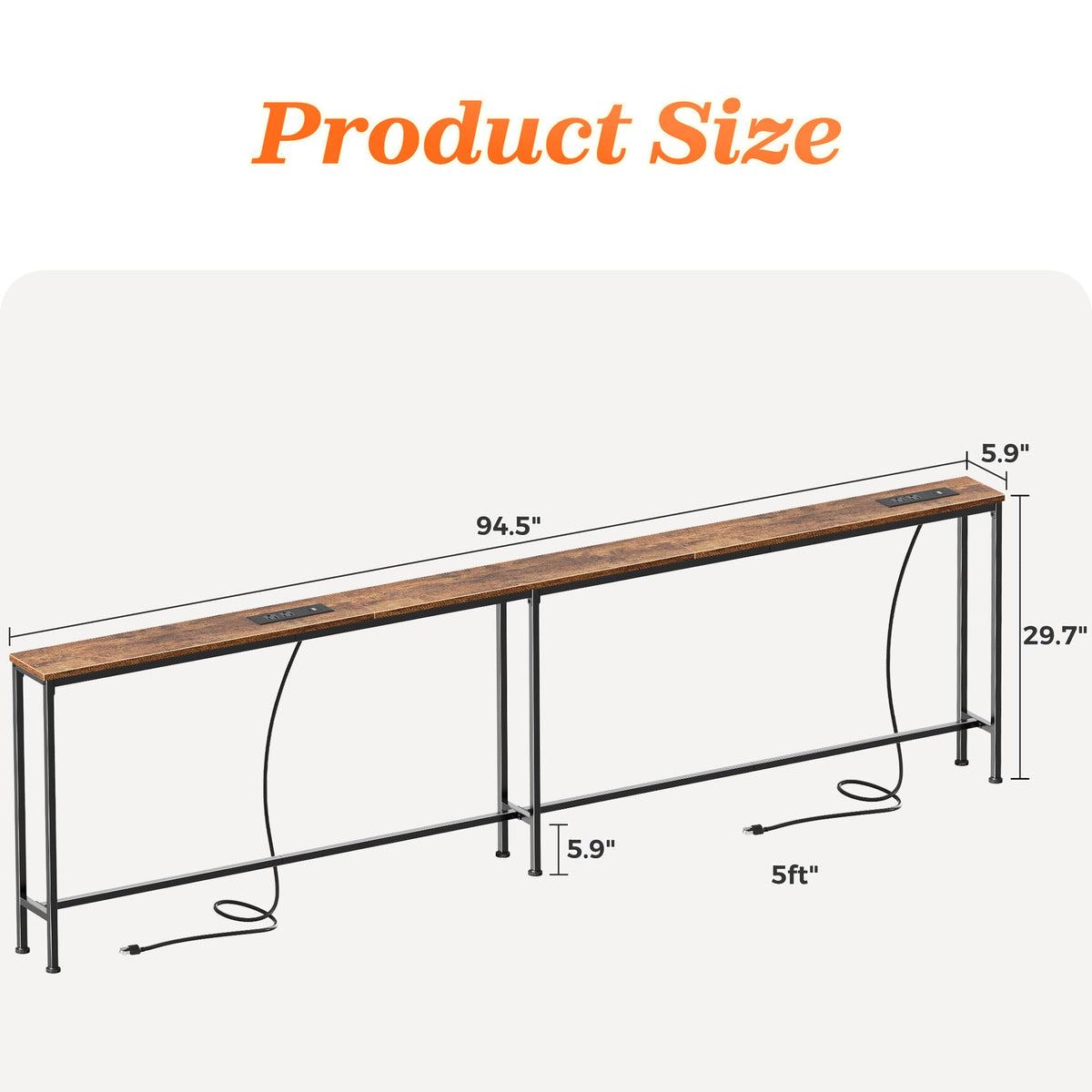 Rustic Brown Skinny Console Table, 94.5 Inch, Built-In Power Strips