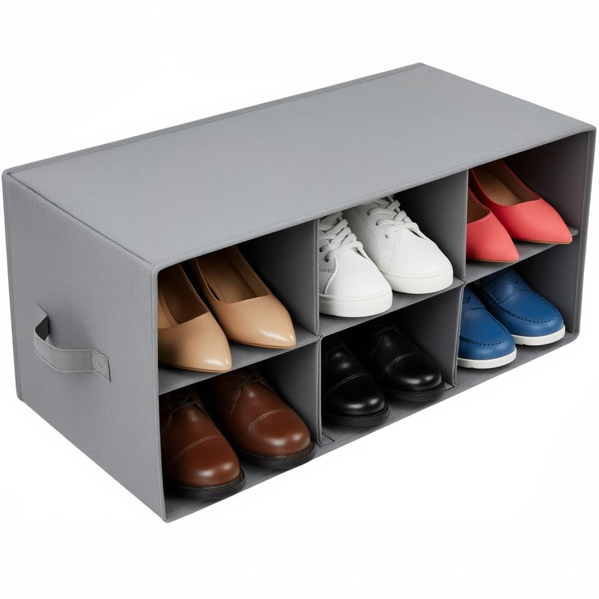 Foldable Gray Shoe Cubby Bin, 6 Sections, 2 Tier with Handles