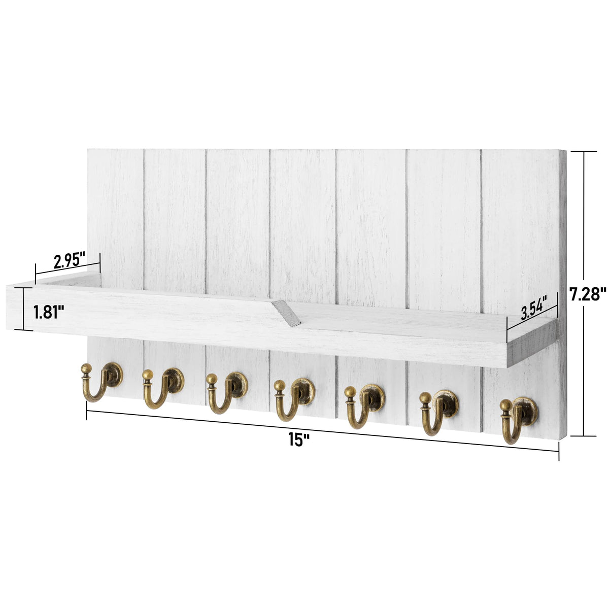 White Wall Key Rack with Shelf, 7 Hooks, 15 Inch Wood