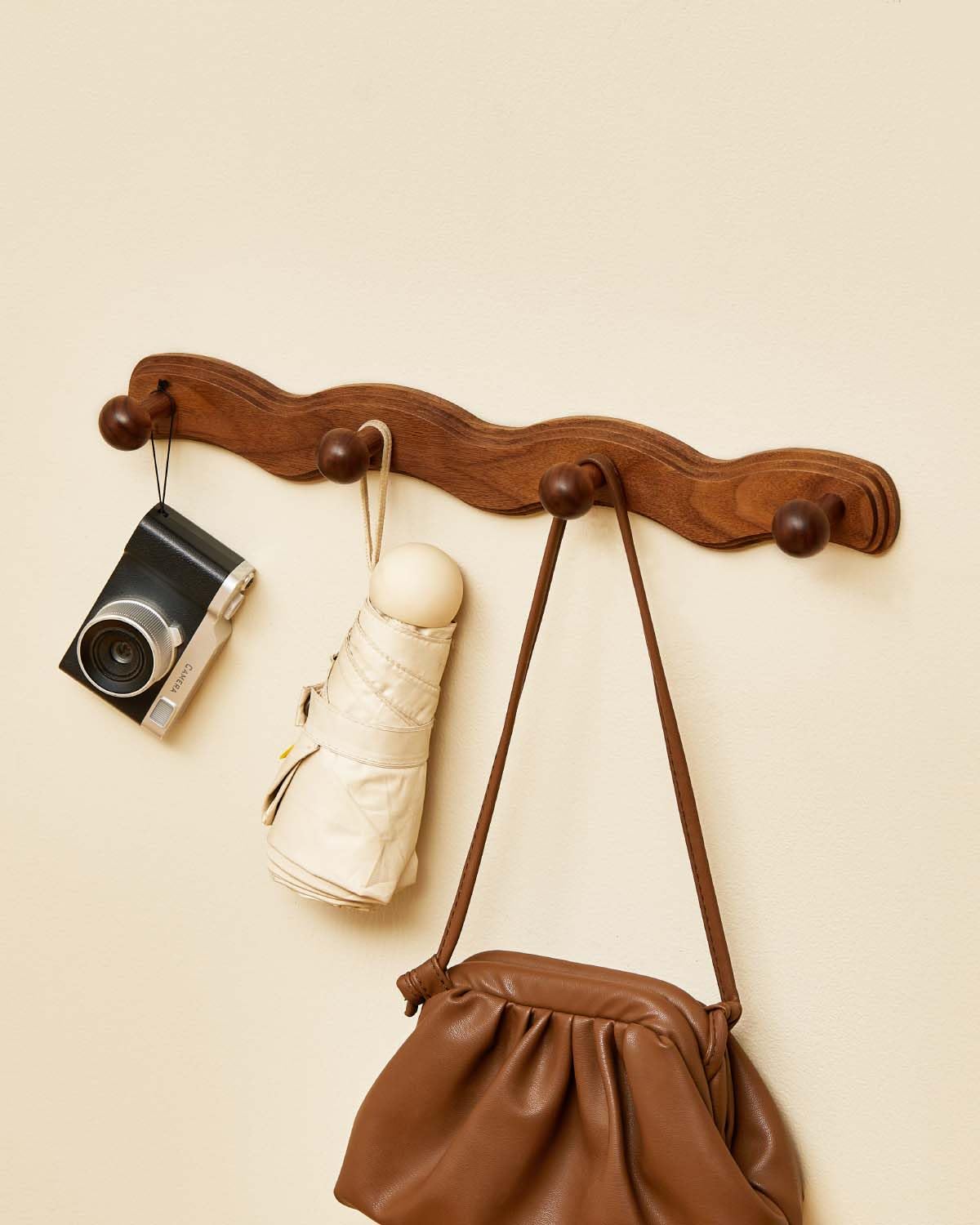 Walnut Wood Wall Hook Rack with 4 Rounded Hooks for Coats and Towels