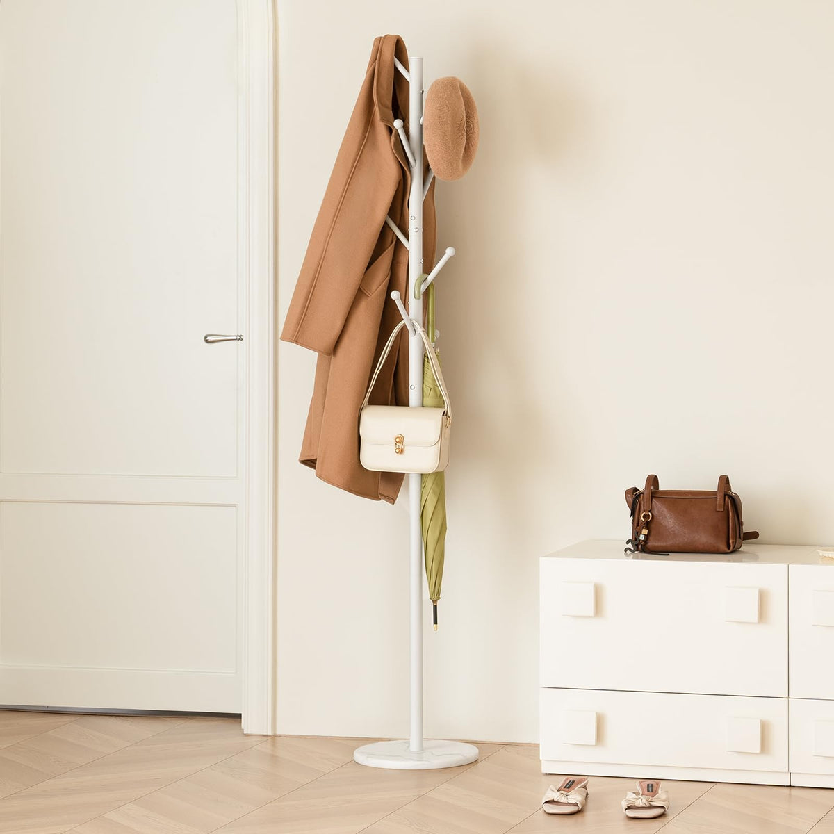 White Metal Coat Rack with Natural Marble Base, 8 Hooks
