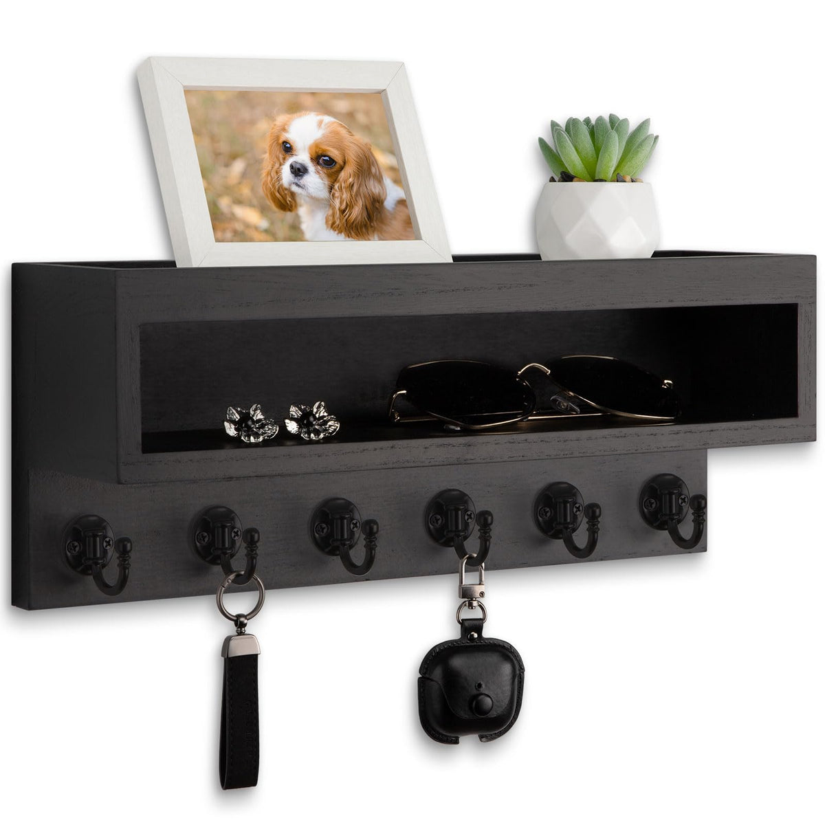 Black Wood Key and Mail Holder with Long Tray and 6 Hooks