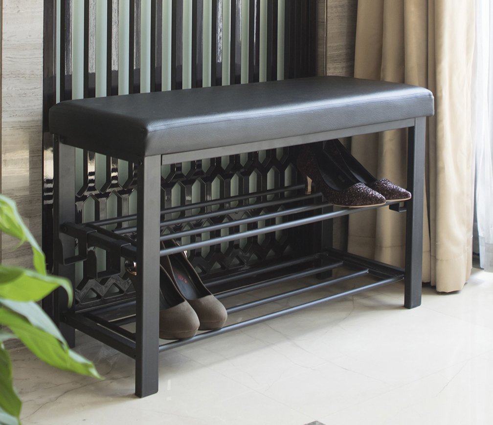 2 Shelf Metal Shoe Bench with Faux Leather Cushion, 32 Inch, Black