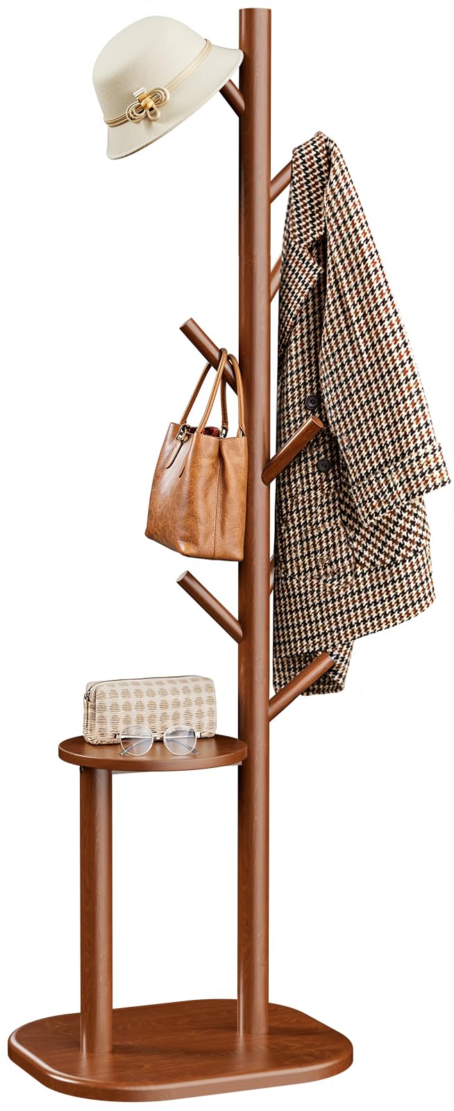 Solid Wood Coat Rack with Shelf and 8 Hooks, 66.3 Inch, Brown