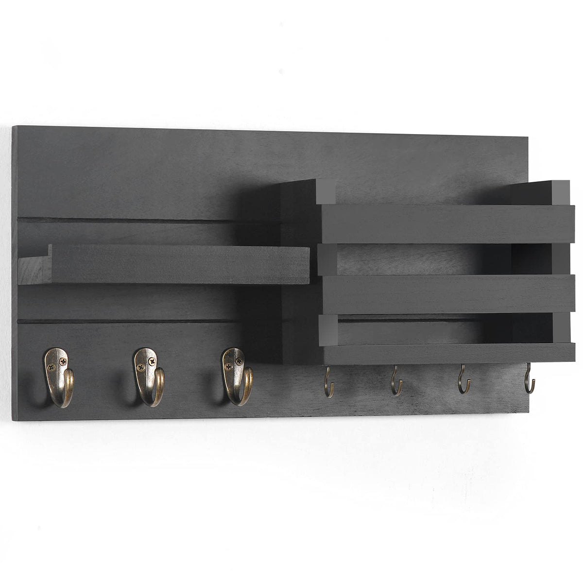 Wall Key and Mail Holder with Shelf, Black Rustic Wood, 3 Hooks