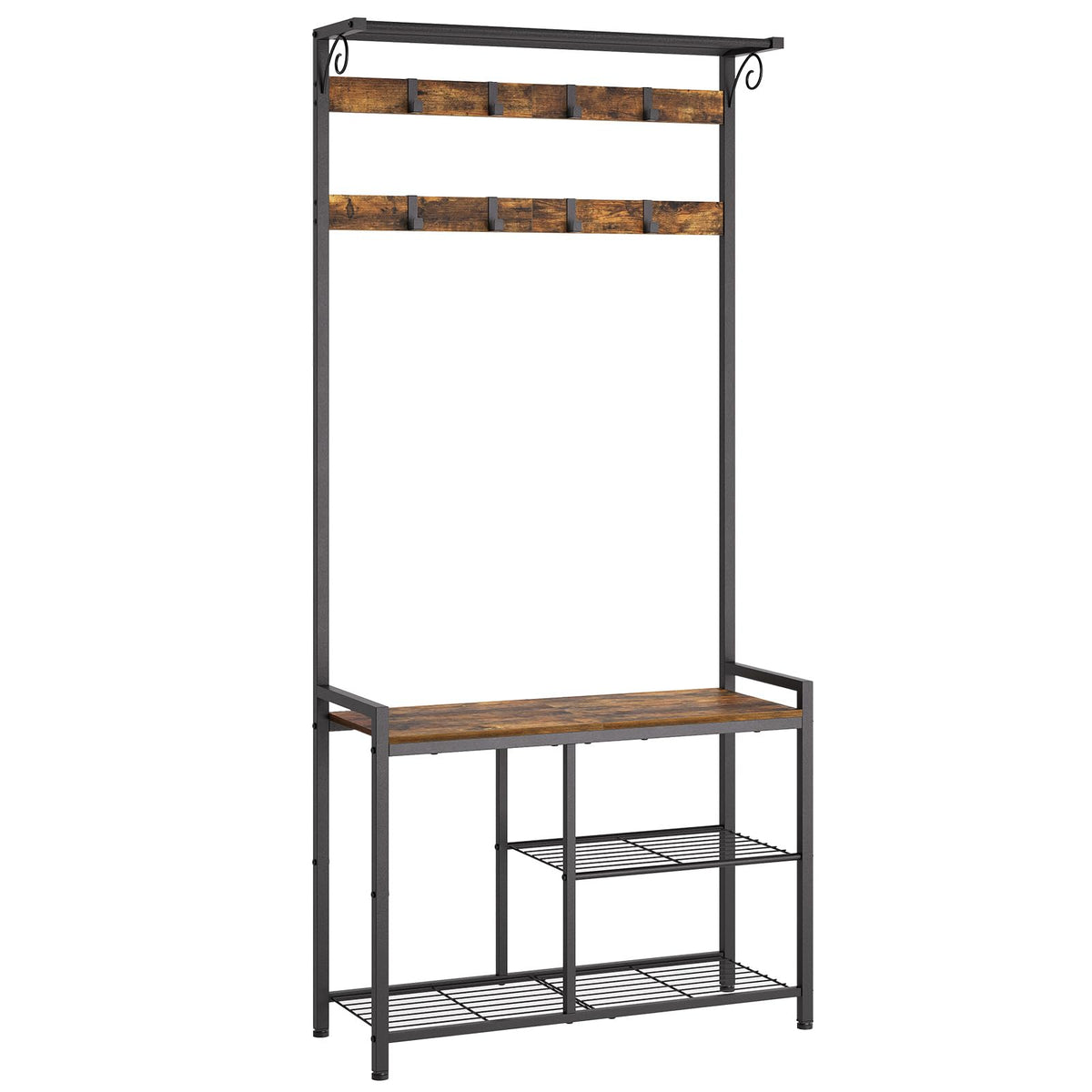 4-in-1 Hall Tree with Shoe Bench, 8 Movable Hooks and Hanging Rod, Rustic Brown