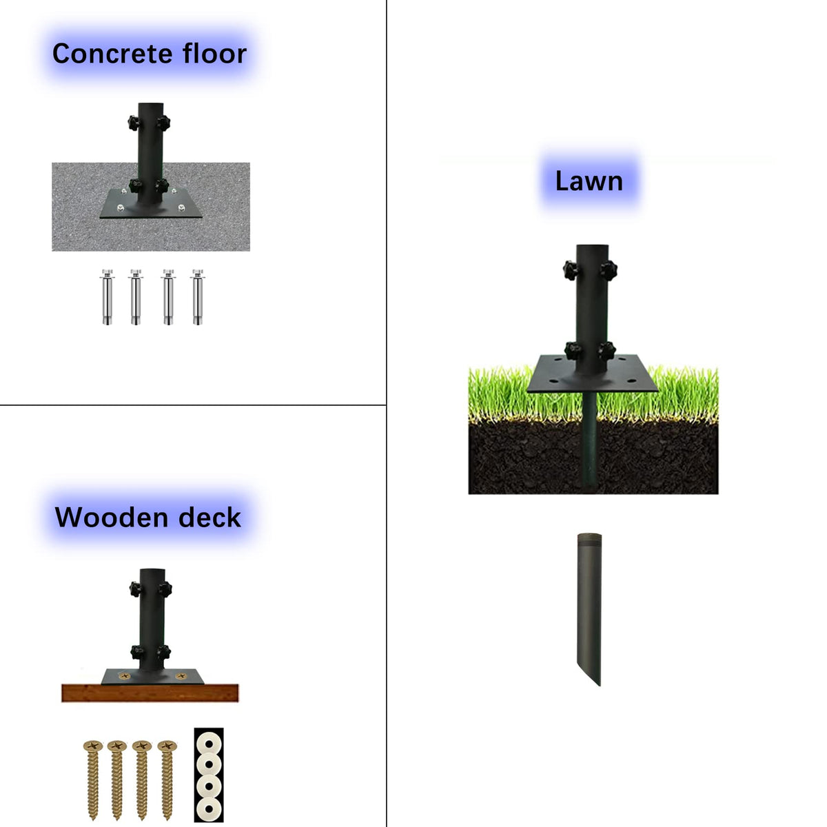 Mounted Umbrella Base Bracket, Black Metal for 1.2 to 2.2 Inch Poles