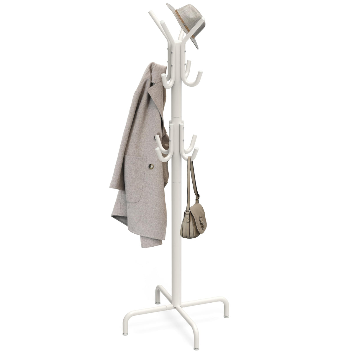 Freestanding Coat and Hat Stand, 12 Hooks, White Metal, 72 Inch
