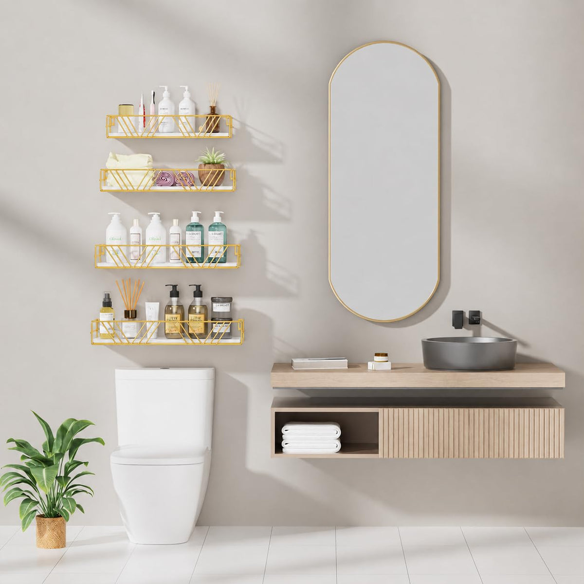 Wood Wall Shelves with Gold Metal Rails, 4 Pack Floating Shelf Set