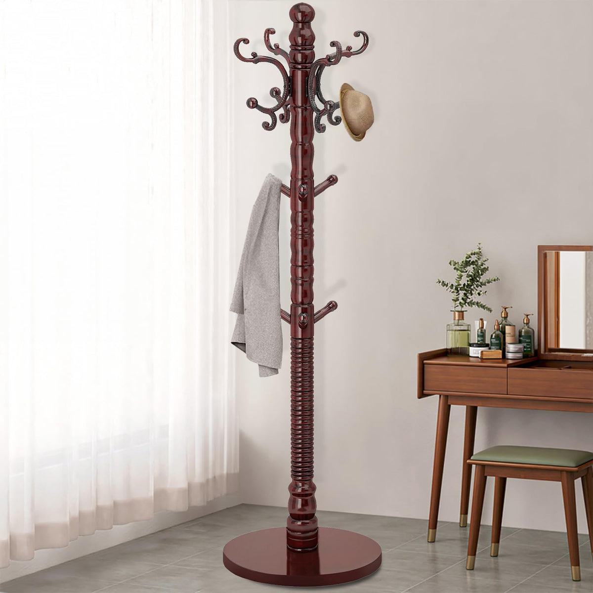 Solid Birch Coat Tree with 14 Hooks, Adjustable 4 Section Pole