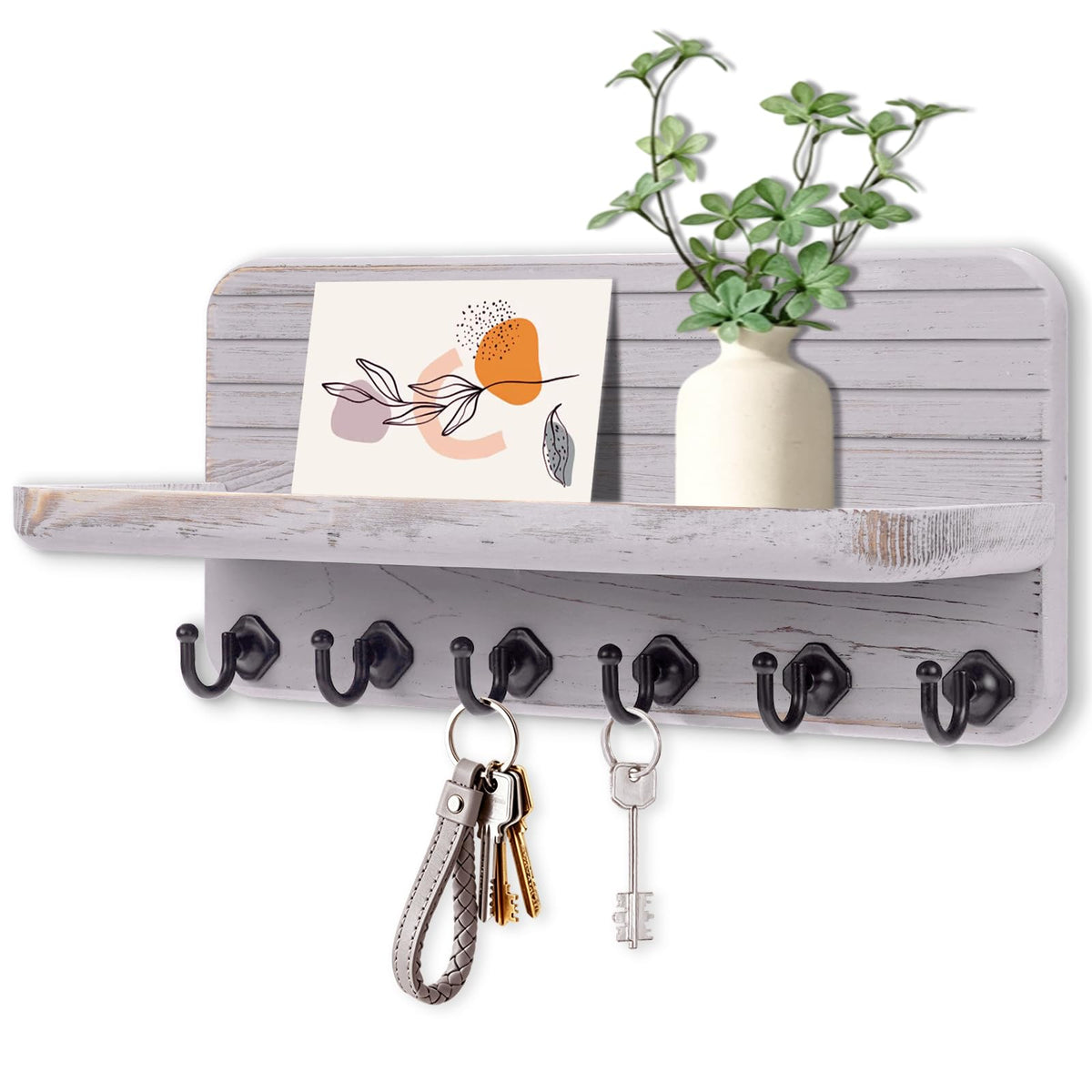 Pine Wood Key Holder and Mail Shelf, 6 Metal Hooks, Stone Gray