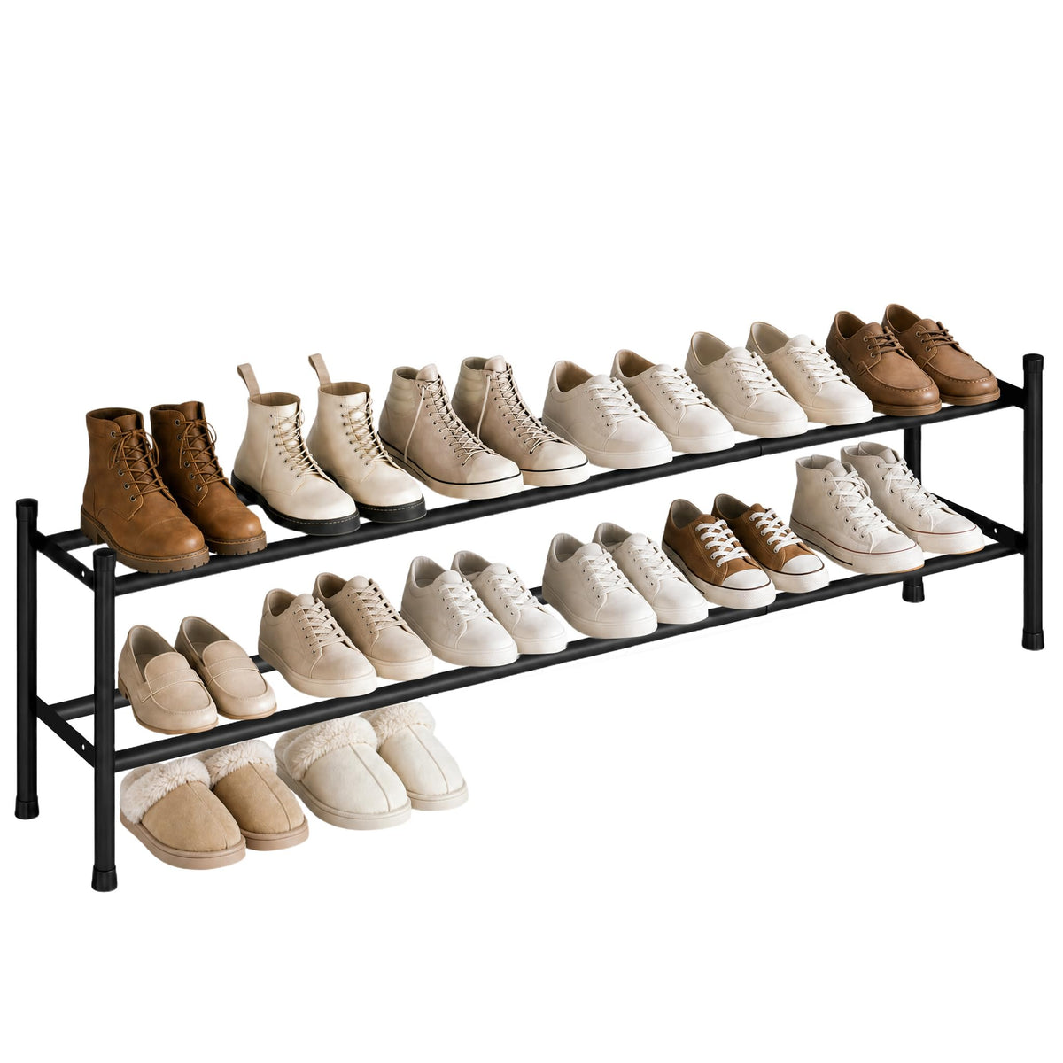 Long Expandable 2 Tier Shoe Rack, 33.3 to 47.5 Inch, Black Steel