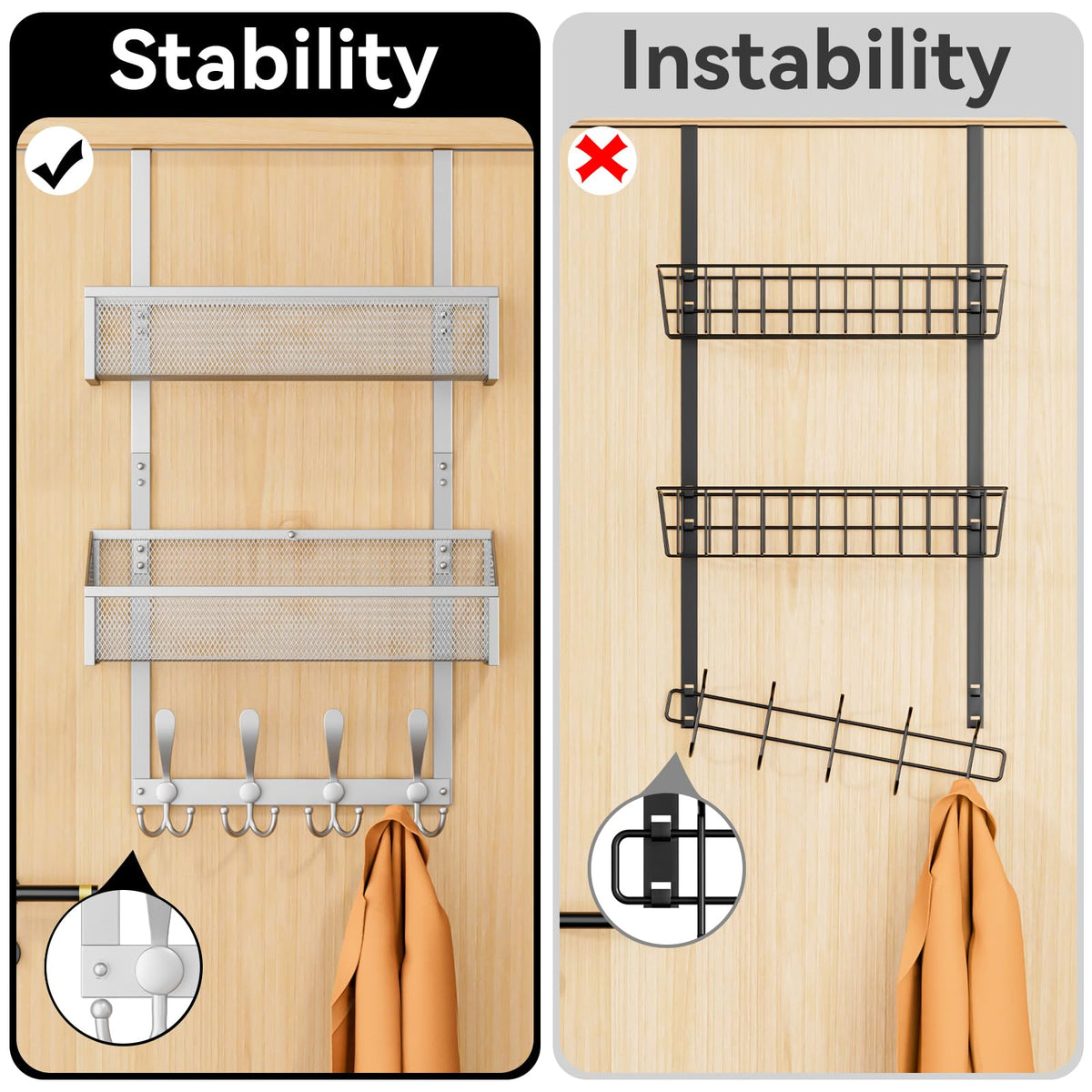Silver Over the Door Organizer, 3 Tier Mesh Baskets with Hooks