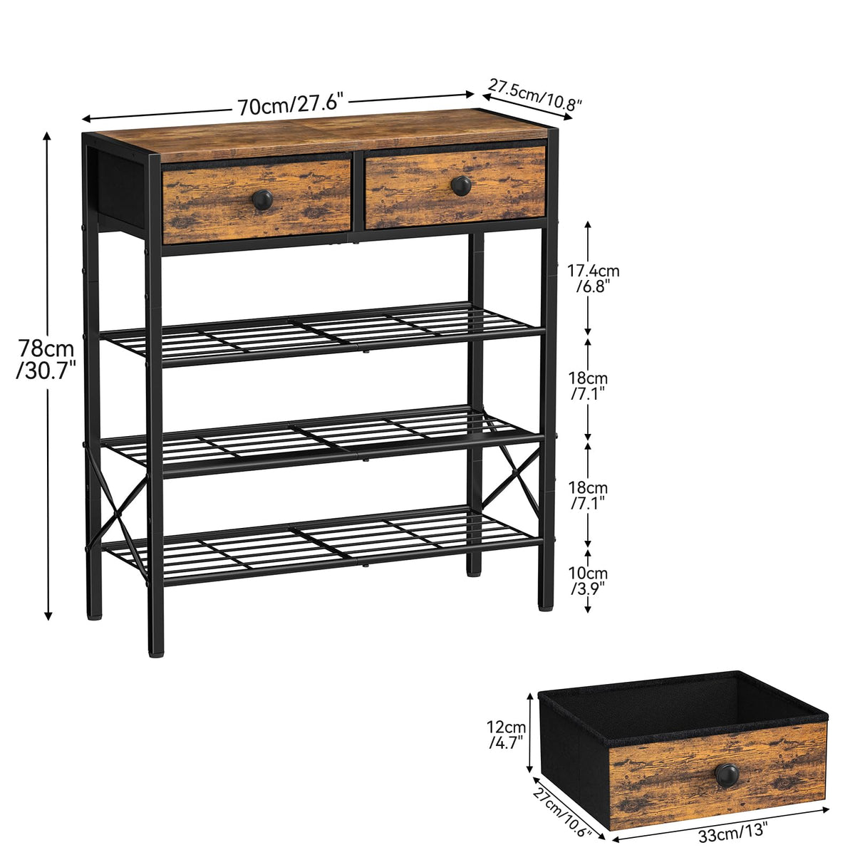 4 Tier Rustic Brown Shoe Rack with 2 Drawers, Holds 12 to 16 Pairs