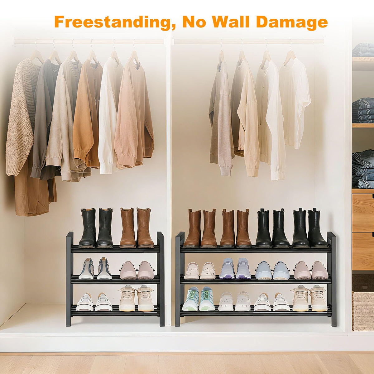 3-Tier Expandable Metal Shoe Rack for Entryway and Closet, Floor Shoe Organizer