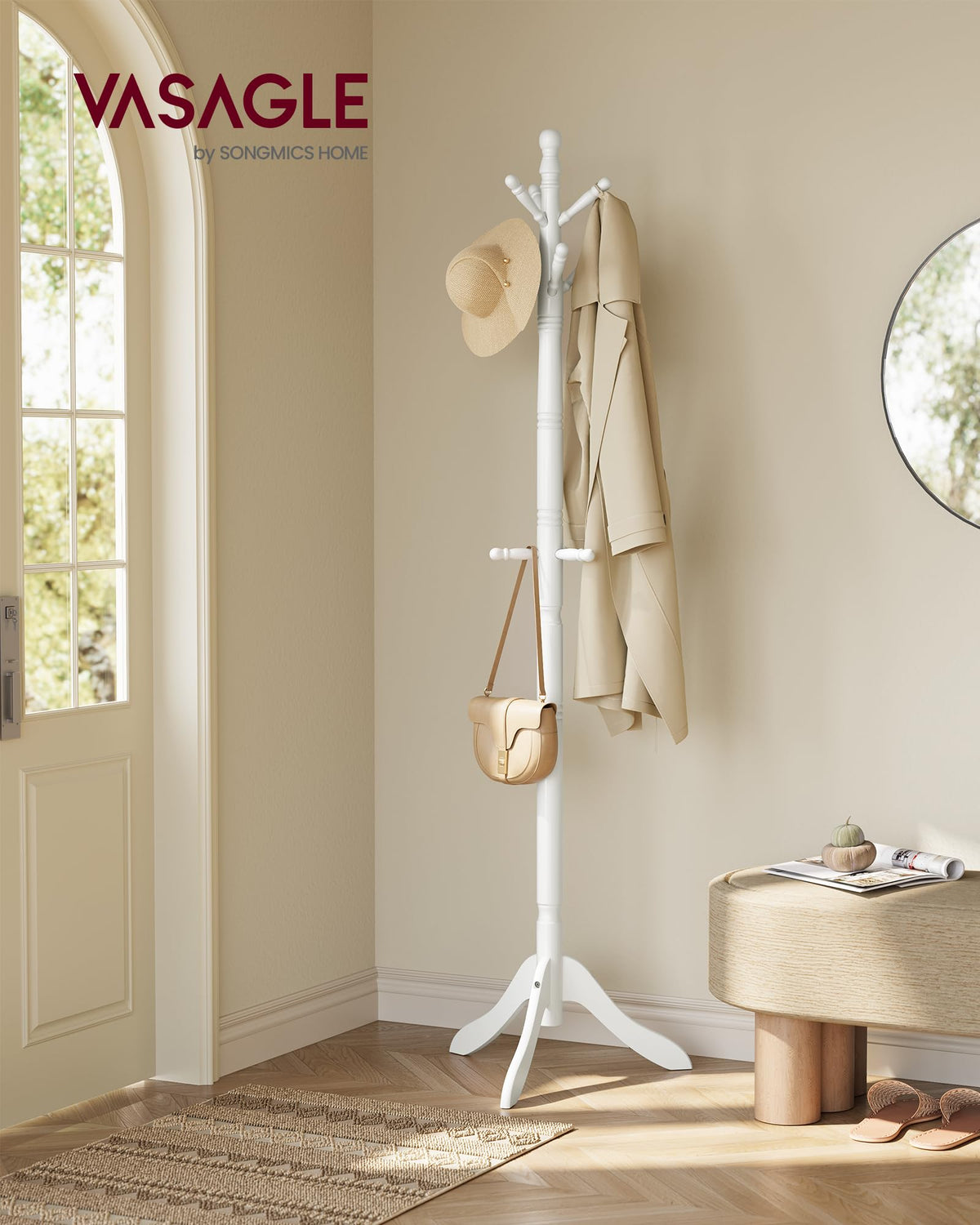 Solid Wood Coat Tree with 9 Hooks, Cloud White, 70.5 Inch Tall