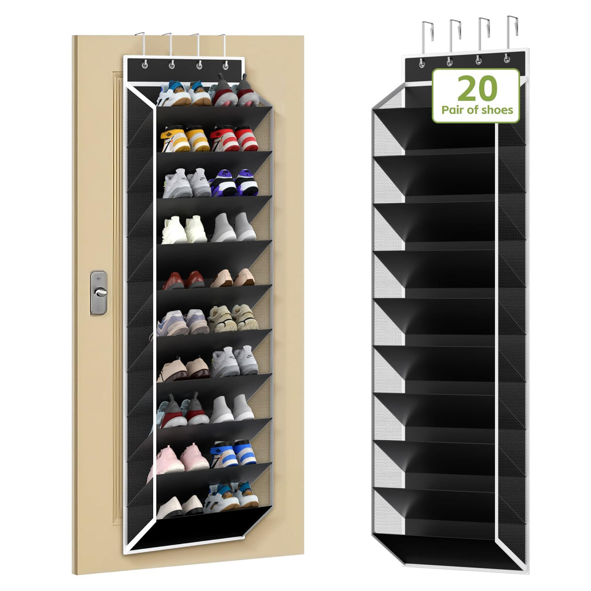Black Hanging Door Shoe Rack, 10 Tier Mesh Pockets, Up to 30 Pairs