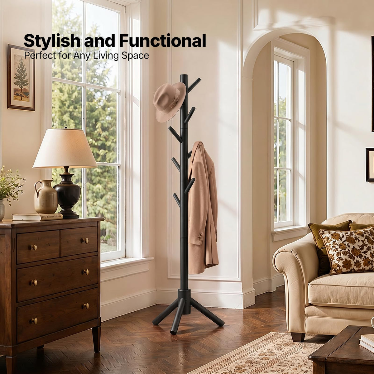 Black Wooden Coat Rack Freestanding, 8 Hooks, Adjustable Height