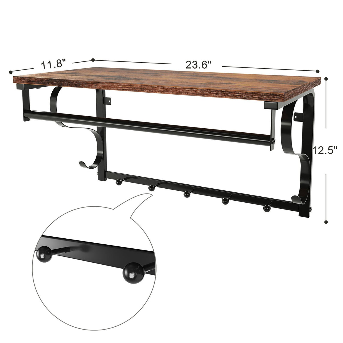 3 in 1 Wall Coat Rack with Shelf, Hanging Rail and 5 Hooks, Rustic Brown