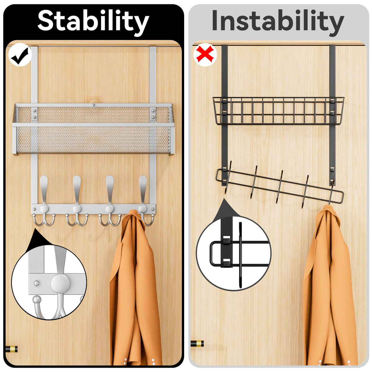Over Door Storage Rack, 2 Tier, Silver Mesh Baskets and Coat Hooks