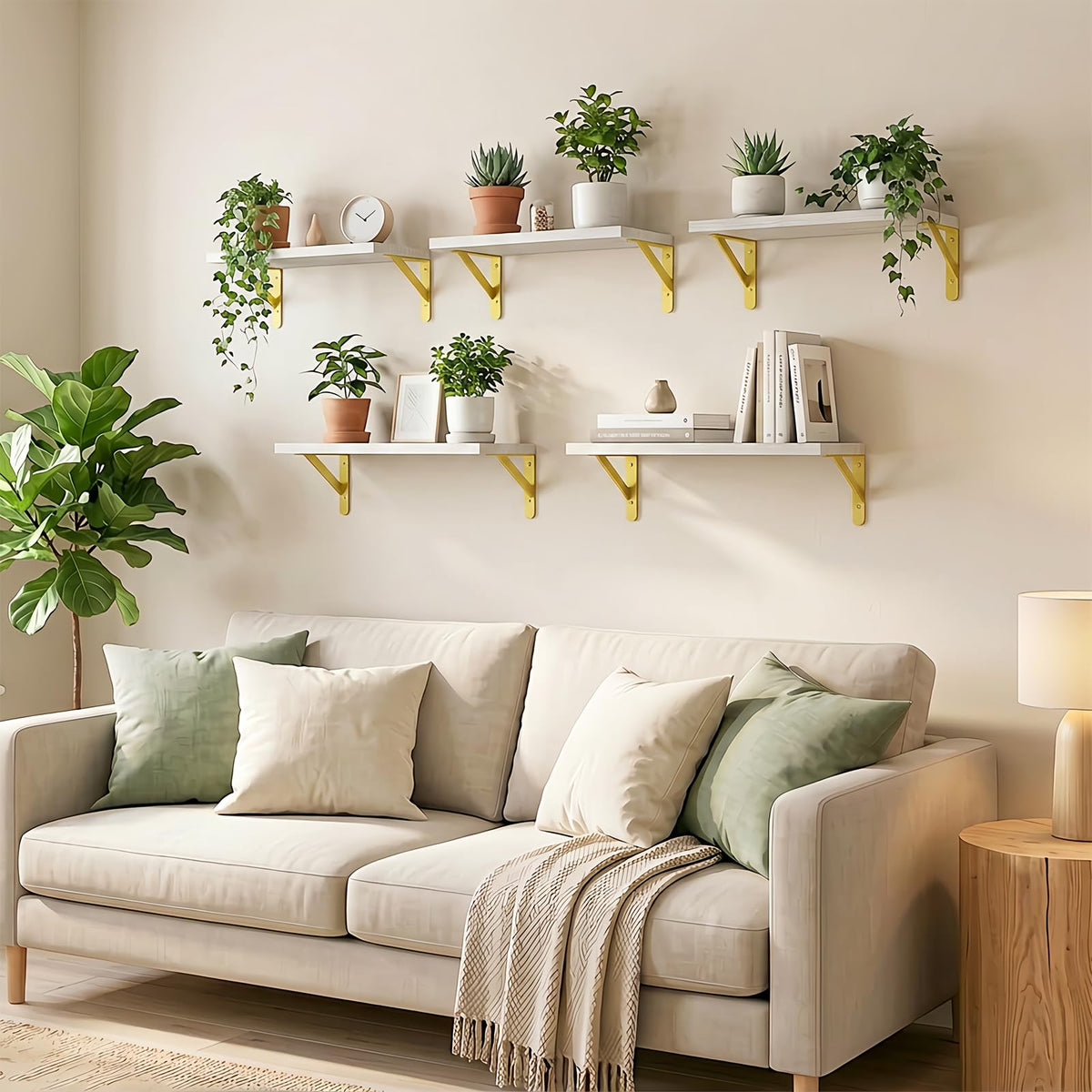 White Wood Floating Shelves, Set of 5, 16.5 Inch with Metal Brackets