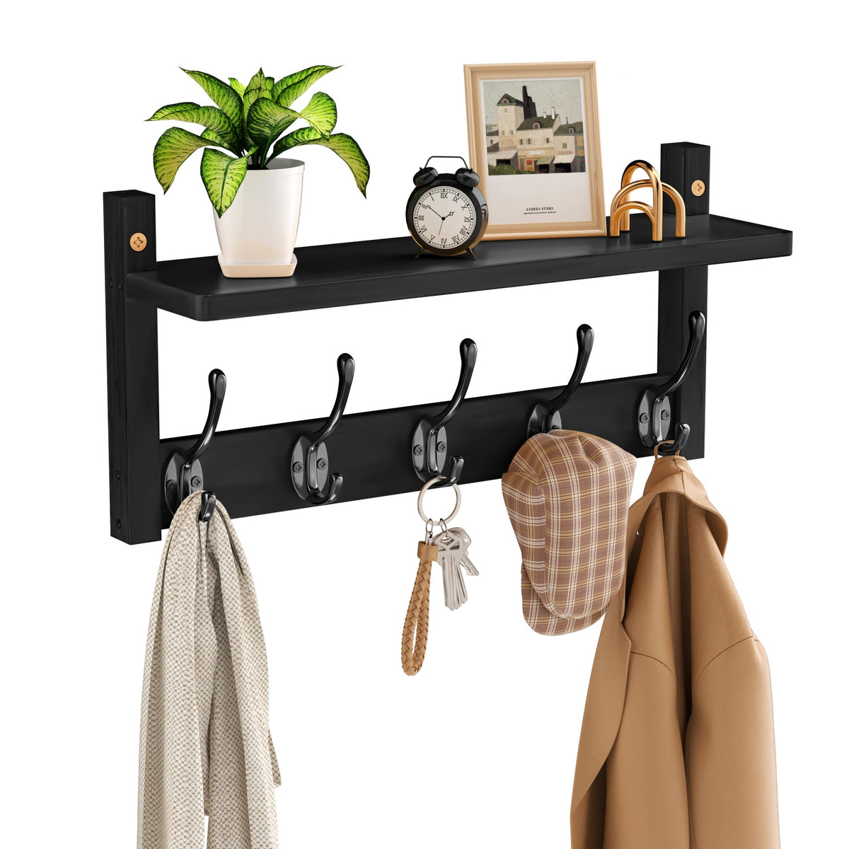 Black Bamboo Wall Shelf with 5 Hooks, 15.7 Inch