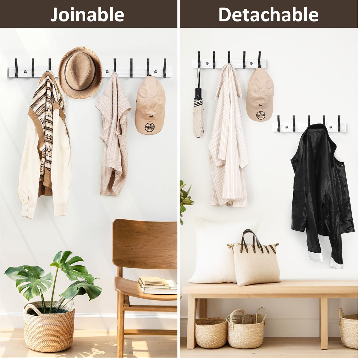 White Wood Wall Coat Racks, 2 Pack, 16.5 Inch with 5 Hooks Each
