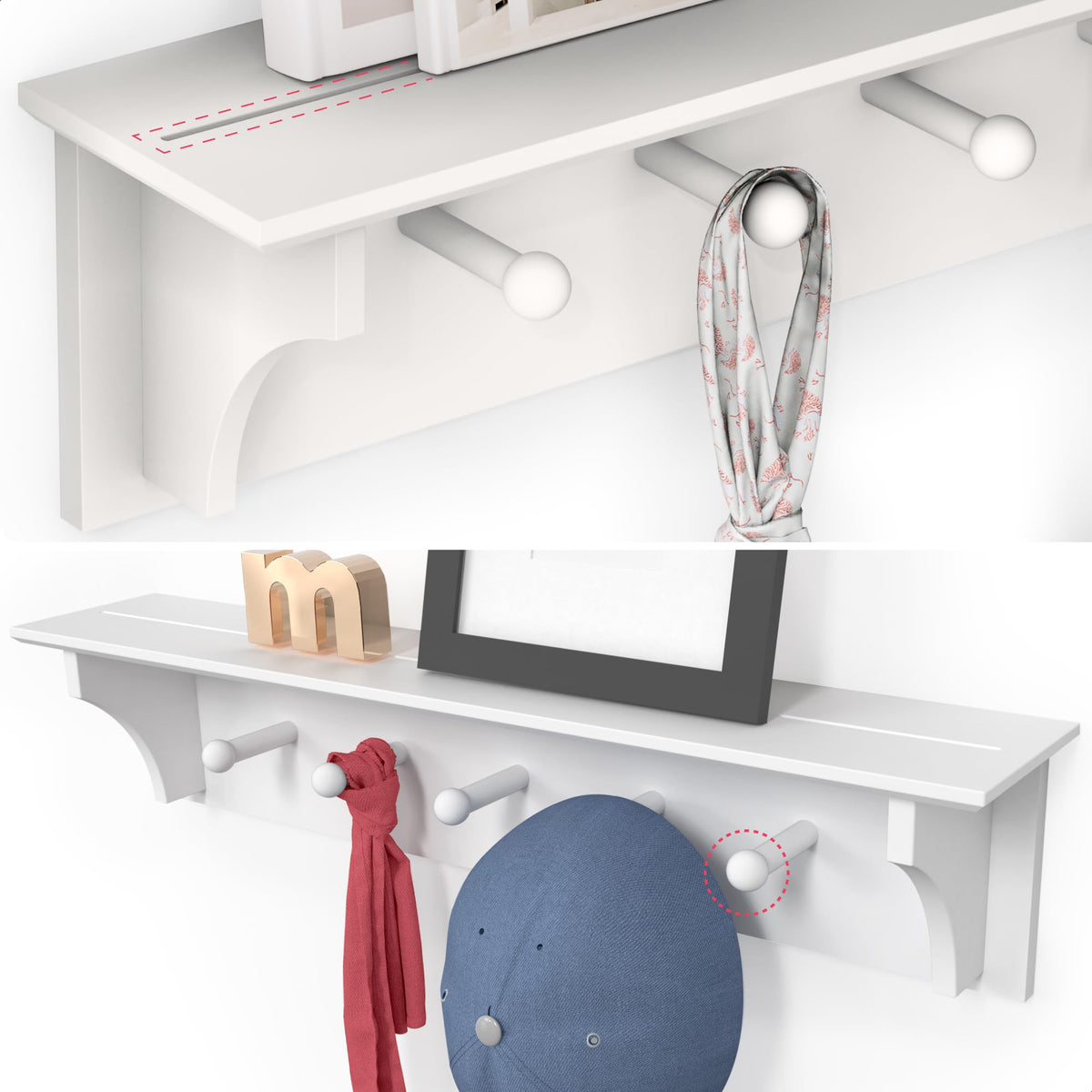 Wall Shelf with 5 Wooden Pegs, 24 Inch Coat and Hat Rack, White