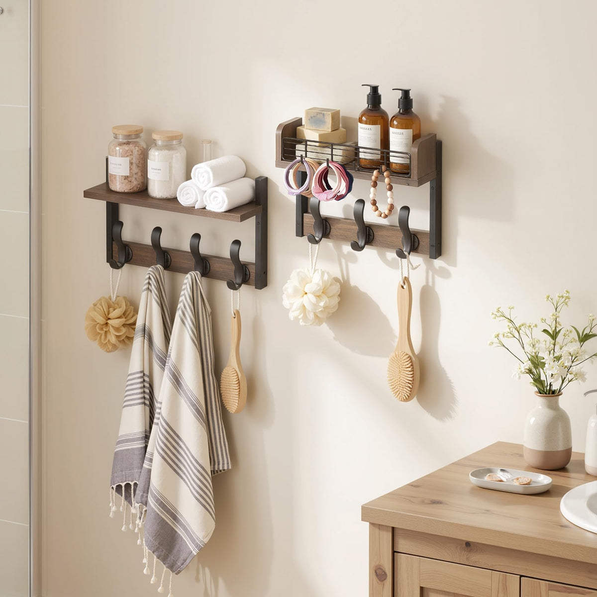 29 Inch Wall Coat Rack with Shelf and 11 Hooks, 2 Piece, Brown