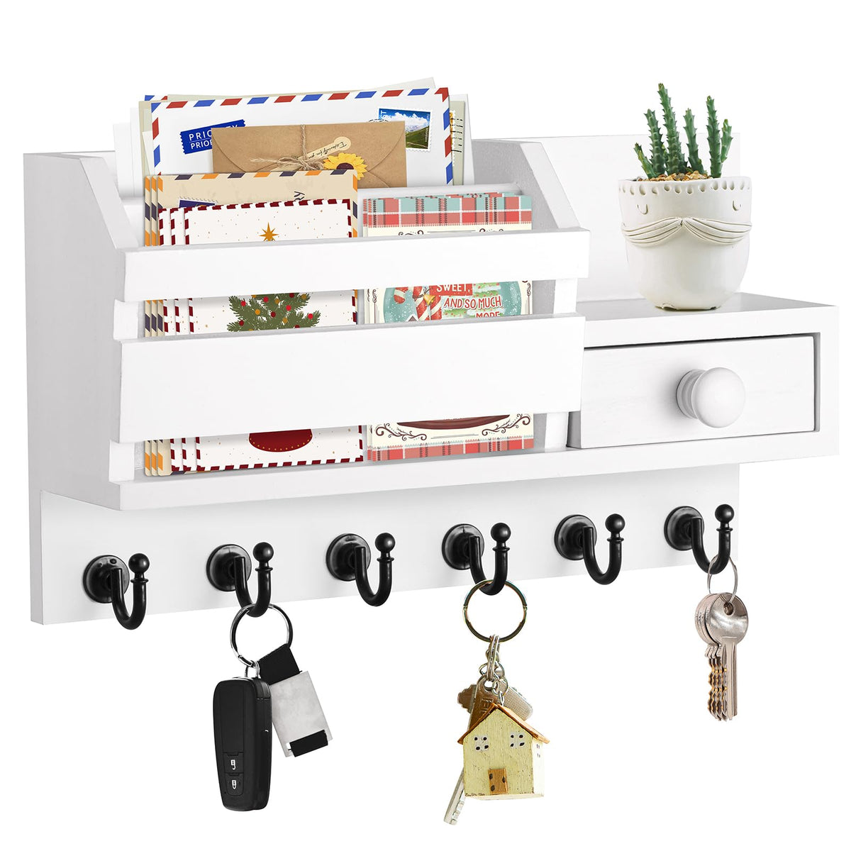 White Wood Key and Mail Holder with Drawer, 6 Hooks, Wall Mount