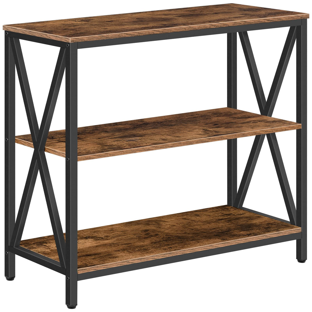 3 Tier Narrow Entryway Table, 31.5 Inch, Rustic Brown and Black Metal