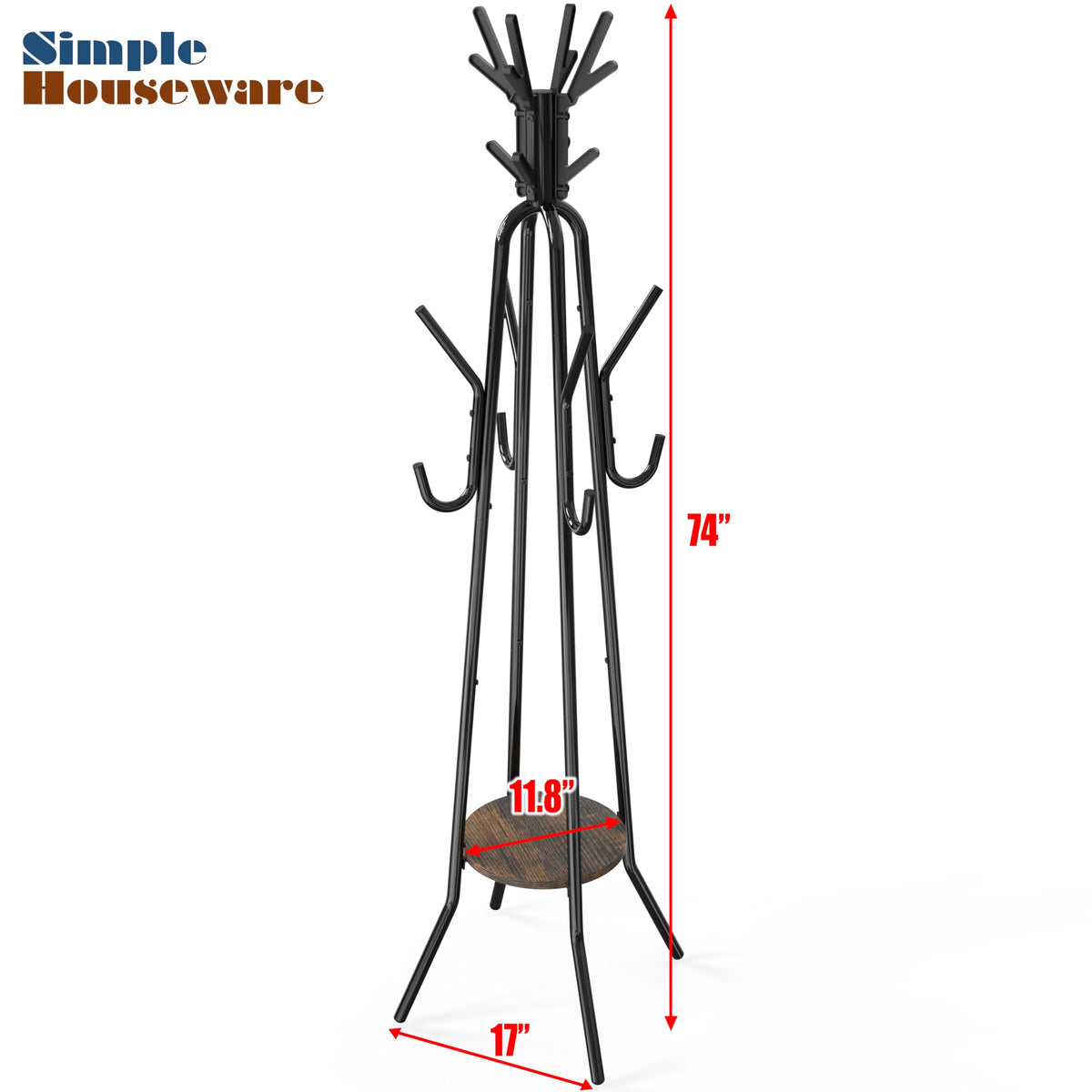 Standing Coat Rack with 20 Hooks and Shelf, 74 Inch, Black and Brown