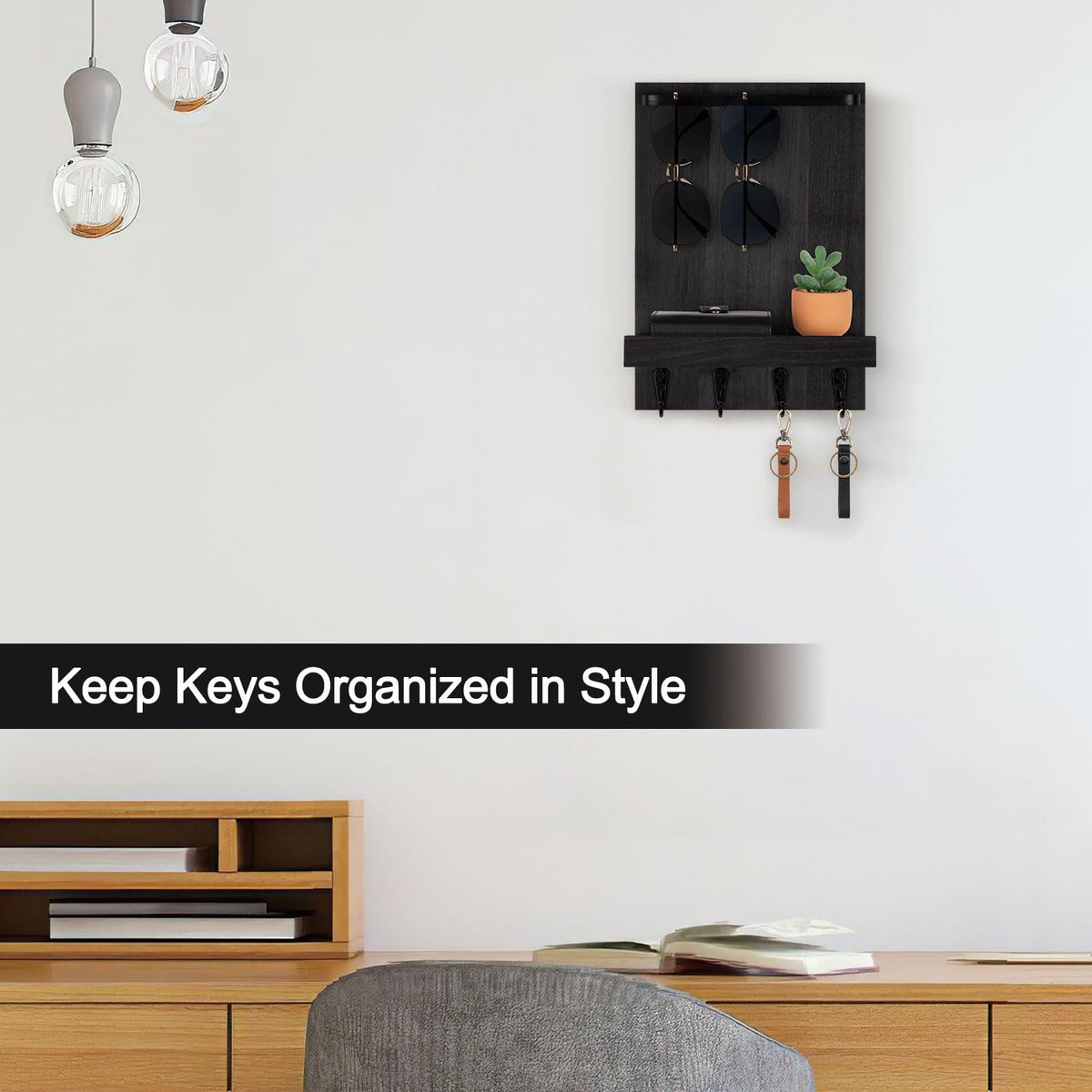 Wall Key Holder with Sunglasses Rail, Shelf and 4 Hooks, Black Wood