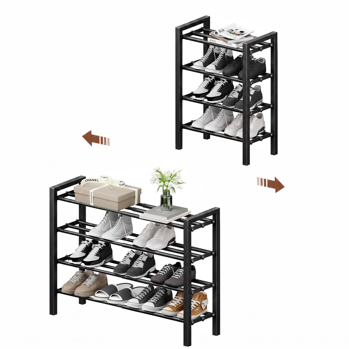 Slim Expandable Shoe Rack, Black Metal, Anti-Slip Round Bars