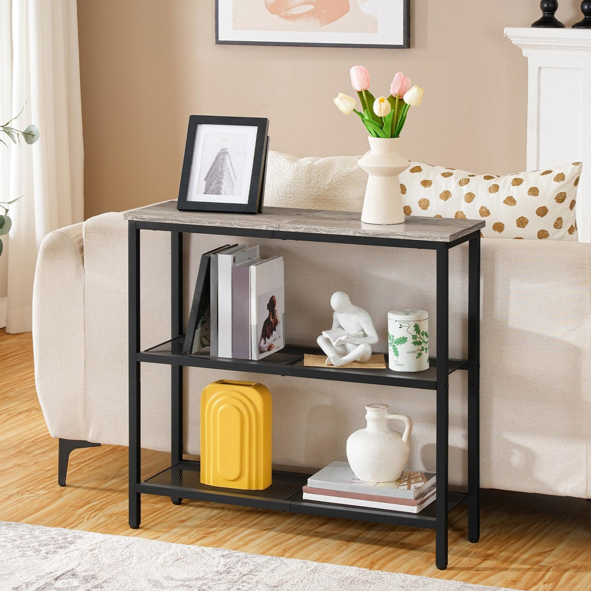 Thin 3 Tier Console Table, 29.5 Inch, Greige Top with Mesh Shelves
