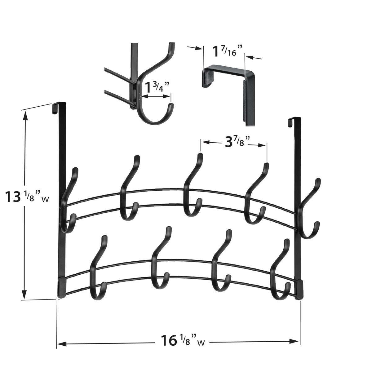 18 Hook Over the Door Rack, 2 Staggered Rows, Black Steel