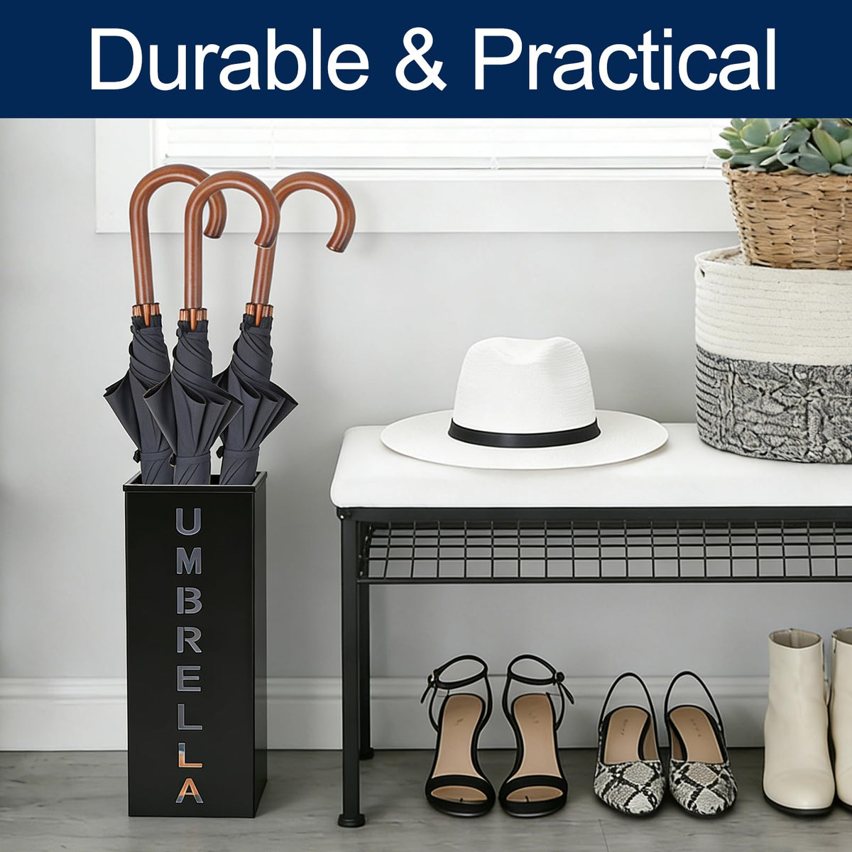 Square Black Metal Umbrella Stand with Letter Cutouts, 16.3 Inch