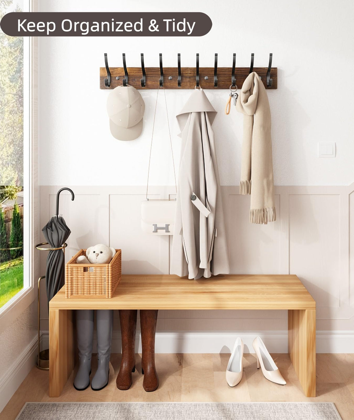 Wooden Wall Coat Rack, 2 Pack, 16.1 Inch, 10 Double Hooks, Brown