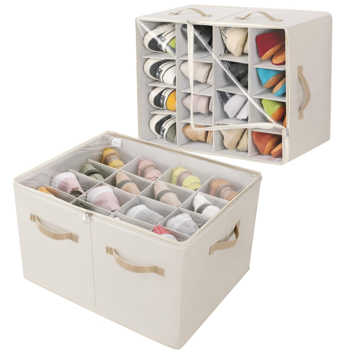 Foldable Shoe Organizer Boxes, 2 Pack, 32 Pairs Total, Beige
