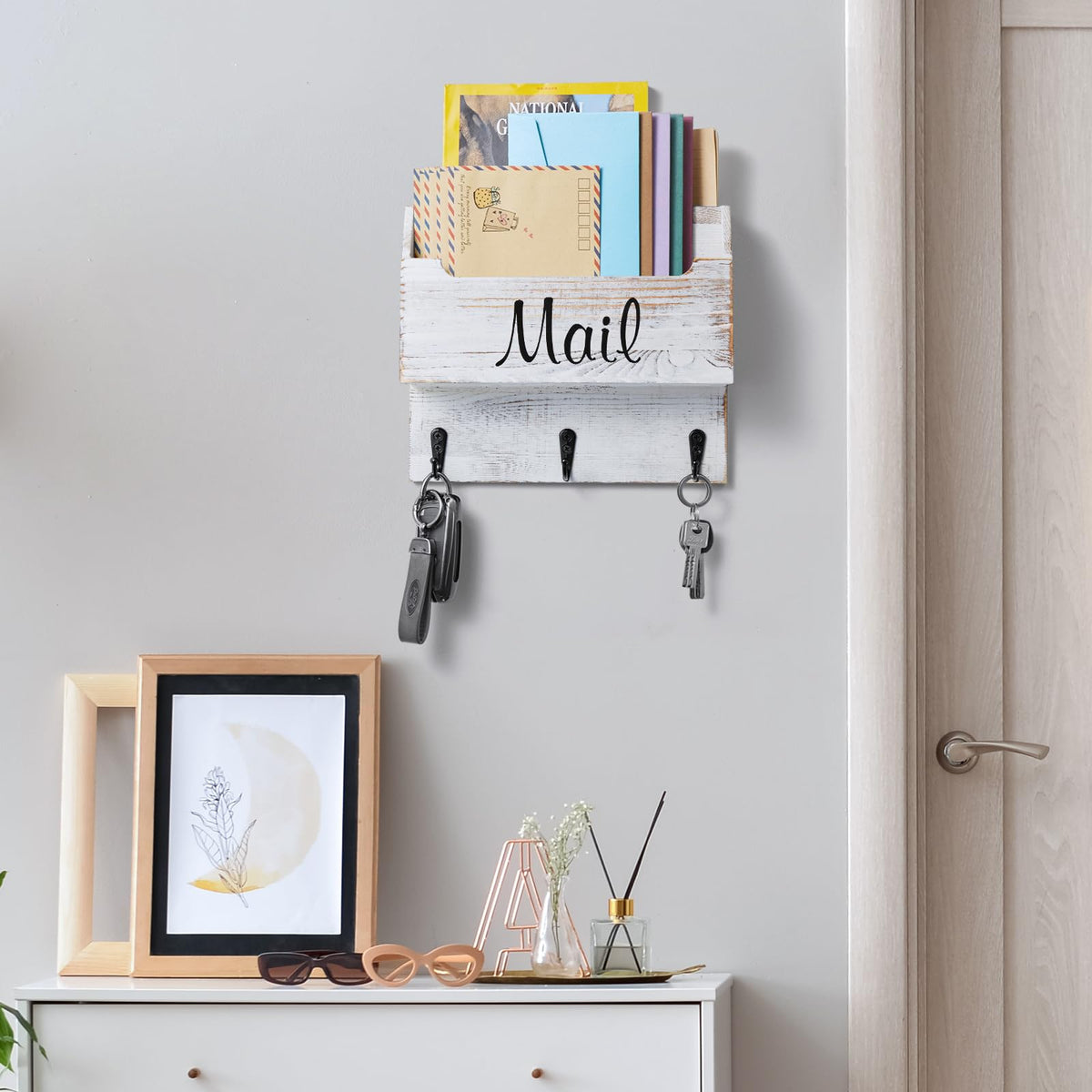 Wall Mail and Key Holder, 3 Hooks, 2 Slots, Retro White Wood
