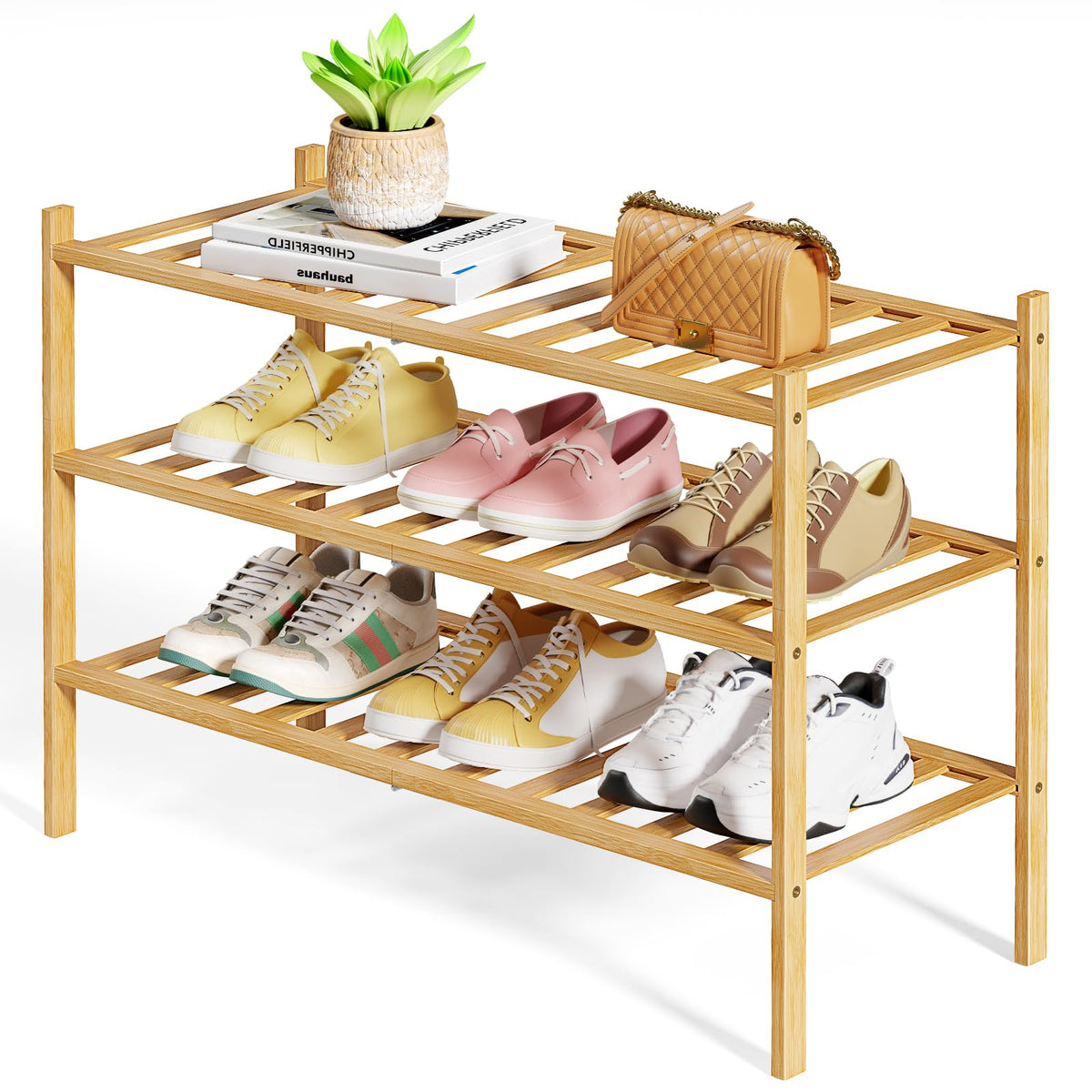 3-Tier Bamboo Shoe Rack, 26.8 Inch Wide Wooden Shoe Shelf for Closet & Entryway