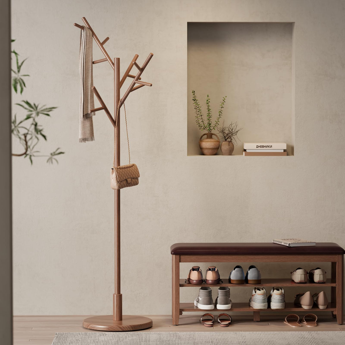 Solid Wood Tree Coat Rack, 12 Hooks, 3 Heights, Walnut