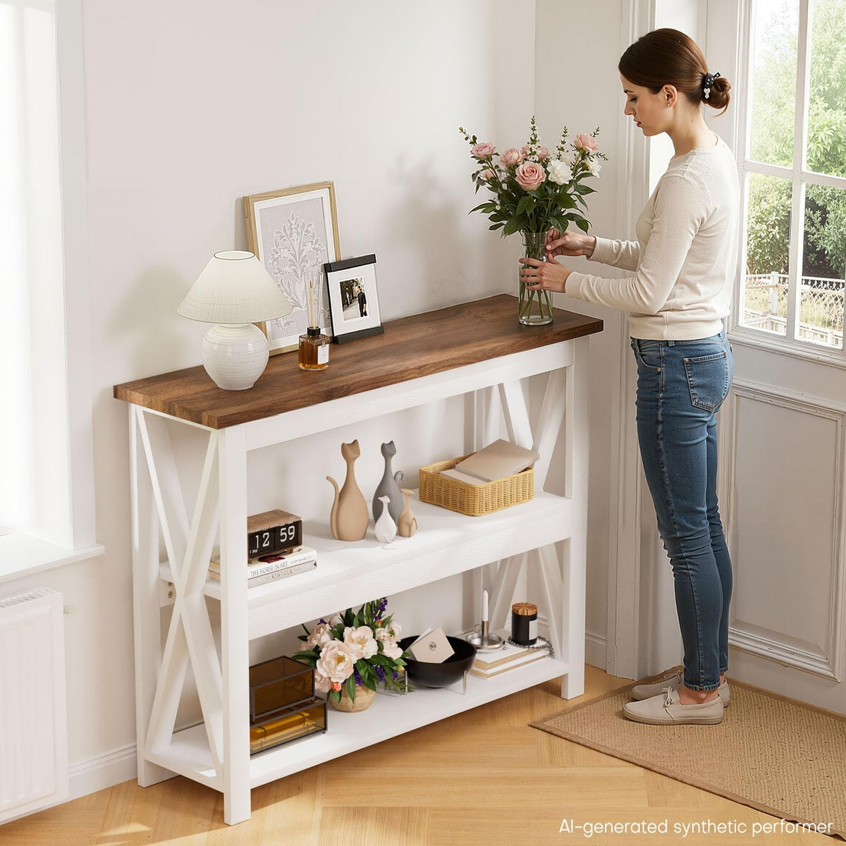 White 3 Tier Console Table, 41 Inch Narrow Entryway Shelf with X Legs