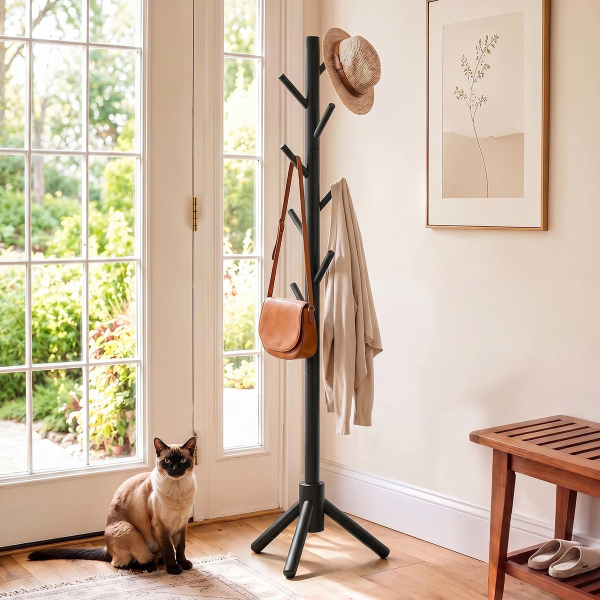 Black Wooden Coat Rack Freestanding, 8 Hooks, Adjustable Height