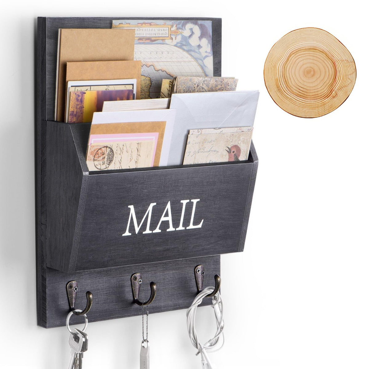 Wood Wall Mail Sorter with 3 Key Hooks, Matte Black, 2 Slots
