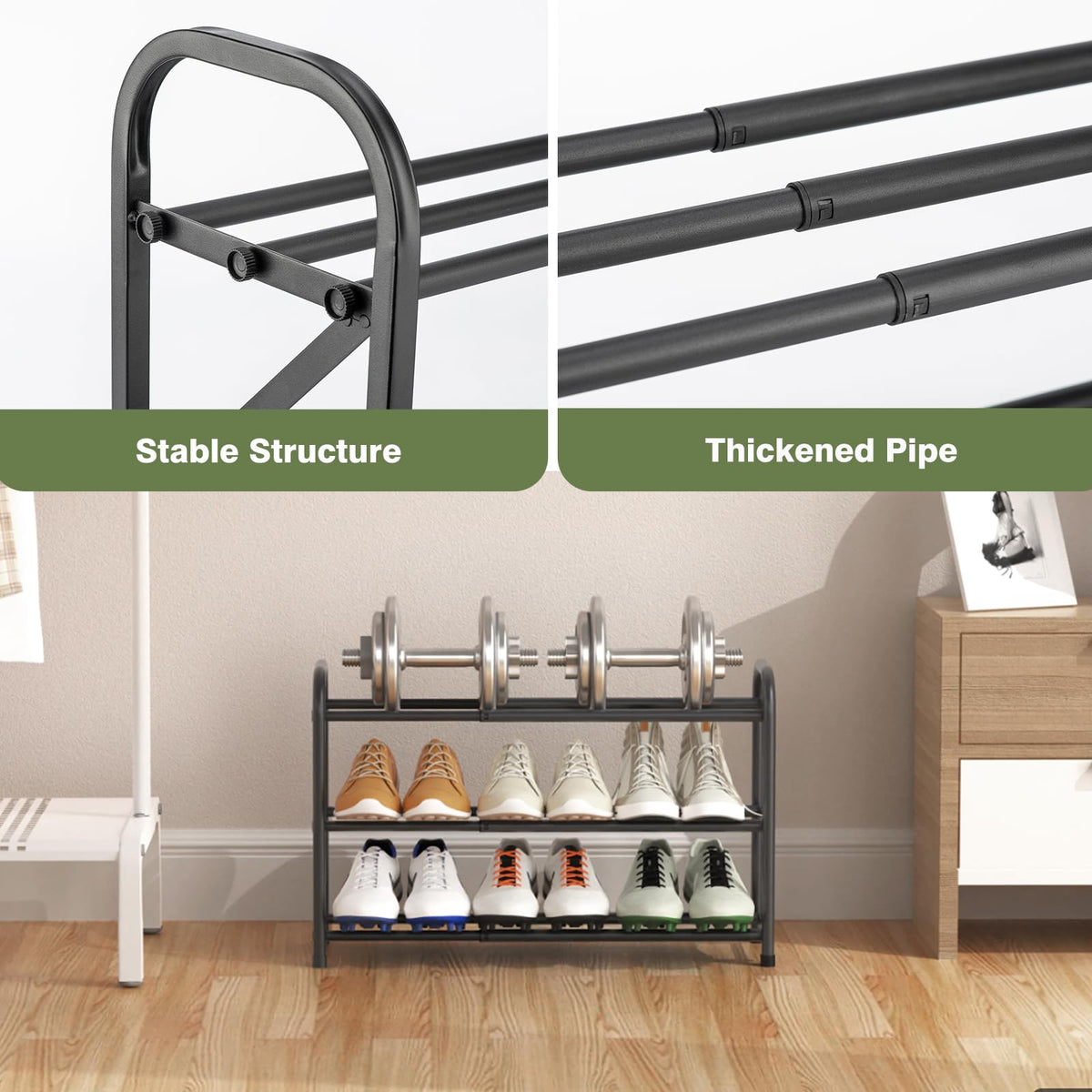 Narrow 3 Tier Shoe Rack, Expands 16 to 33 Inch, Black Metal Tubes