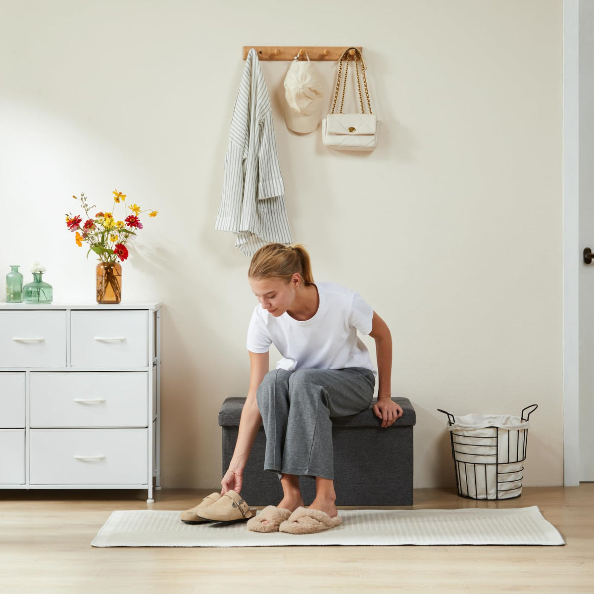 Linen Grey Storage Ottoman Bench, 30 Inch, Folding with Divider