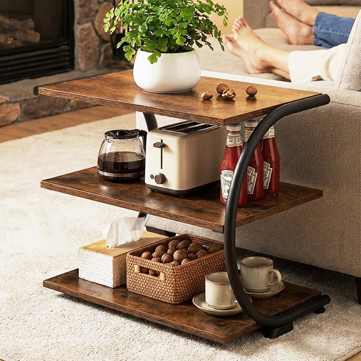 Small C-Shaped Shoe Rack, 3 Tier, 17 Inch Wide, Rustic Brown and Metal