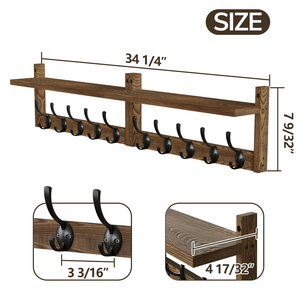 Long Wall Hook Rack with Shelf, 34.2 Inch, 10 Hooks, Brown Wood